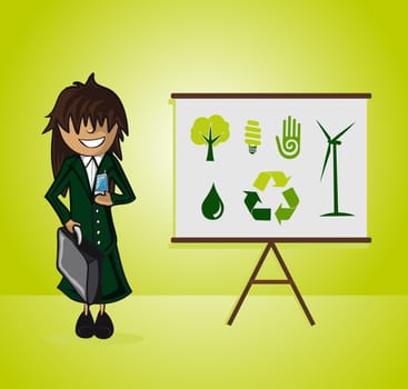Business woman ecology presentation on whiteboard and environment icons. EPS10 vector file organized in layers for easy editing.