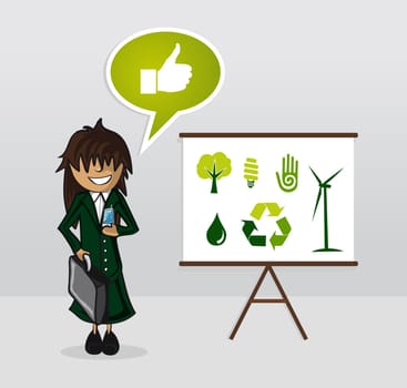 Ecology businesswoman with whiteboard presentation and environment icons. EPS10 vector file organized in layers for easy editing.