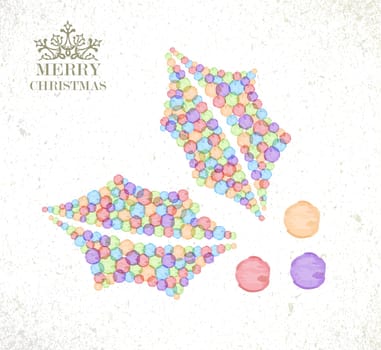 Merry Christmas watercolor stains holly berry shape greeting card background. EPS10 vector file organized in layers for easy editing.