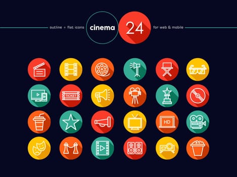 Movie and Cinema colorful flat icons set for web and mobile app. EPS10 vector file organized in layers for easy editing.