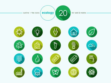 Go green environment and ecology outline flat icons set for web and mobile app. EPS10 vector file organized in layers for easy editing.