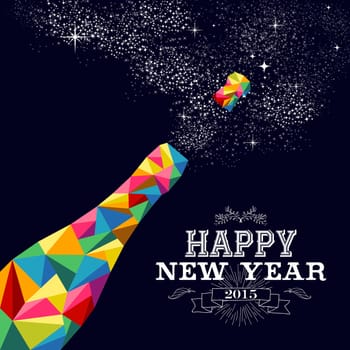 Happy new year 2015 greeting card or poster design with colorful triangle champagne explosion bottle and vintage label illustration. EPS10 vector file with transparency layers.