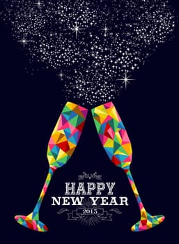 Happy new year 2015 greeting card or poster design with colorful triangle glass and vintage label illustration. EPS10 vector file with transparency layers.