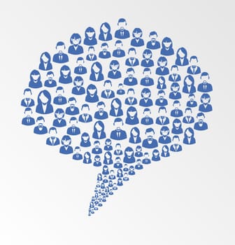 Social media user icons texture in talk bubble shape composition background. EPS10 vector file with transparency layers.