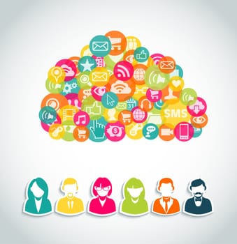 Social media cloud computing concept with user people and network colorful icons.  EPS10 vector file with transparency layers.