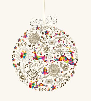 Vintage Christmas bauble shape with colorful reindeer and retro elements greeting card. EPS10 vector file organized in layers for easy editing.