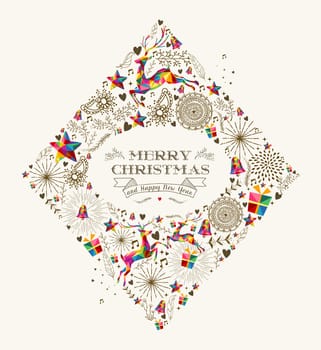 Vintage Merry Christmas diamond shape with colorful reindeer and retro label greeting card. EPS10 vector file organized in layers for easy editing.