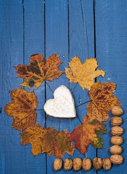 French cheese with nuts on a wooden table painted blue