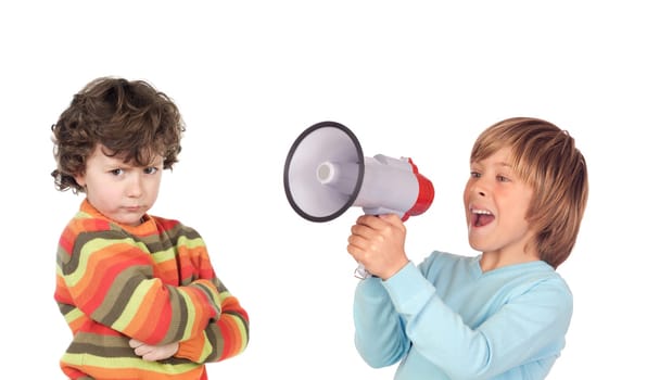 Funny angry child because his friend is screaming with a megaphone
