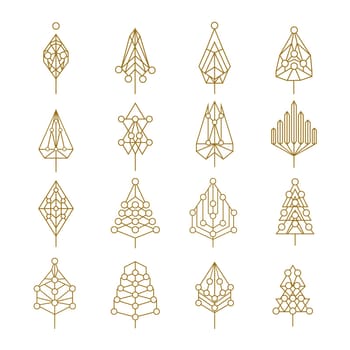 Set of abstract outline style christmas pine trees with geometric holiday ornaments. Ideal for creating your own xmas design, web or app. EPS10 vector.