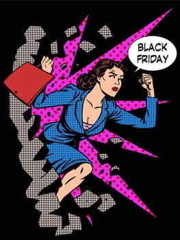 Black Friday woman buyer runs on sale pop art retro style