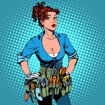 Woman working repairman electrician. Beautiful pin up girl pop art retro