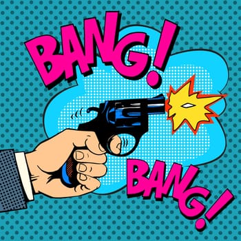 The gunshots gangster murder pop art retro style. Detective movie shootout