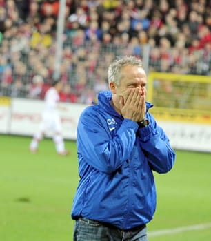 Christian Streich,coach of SC Freiburg,can't believe his luck after 3-0 against VfB Stuttgart.