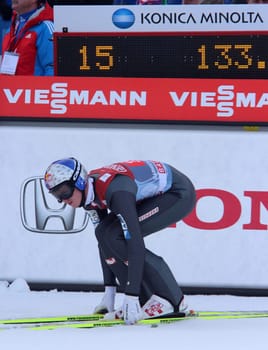 Ski jumper Thomas Morgenstern packs his skis