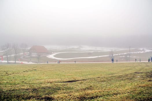 World Cup in Schonach in the Black Forest on 5/6 January 2013. White ribbon in green landscape