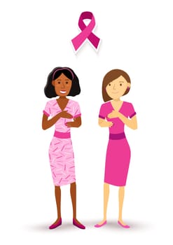 Breast cancer awareness two healthy women in flat art style dressed in pink encouraging medical check up. EPS10 vector.