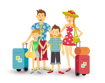 Happy family of parents and children travel summer vacation with suitcase, people group illustration in flat art style. EPS10 vector.