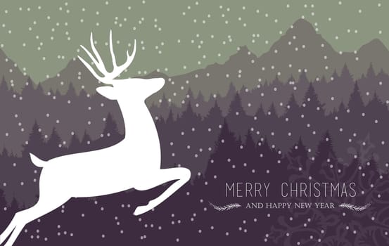 Merry christmas and happy new year winter card with holiday reindeer, snow and pine tree forest background. Ideal for xmas card, party invitation or web. EPS10 vector.