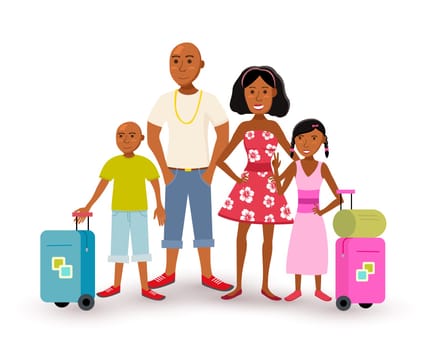 Happy african american family with parents and children travel summer vacation together, people group in flat art style. EPS10 vector.