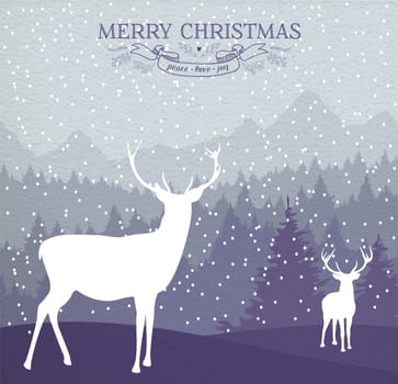 Merry christmas winter holiday card design with xmas reindeer, snow and pine tree forest skyline background. EPS10 vector.