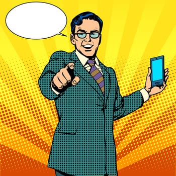 buy a new gadget and phone business concept pop art retro style. Businessman touts smartphone