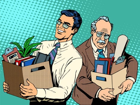Retired business concept job search and dismissal pop art retro style. Young managet comes to the office at workplace old man. Happy and sad people