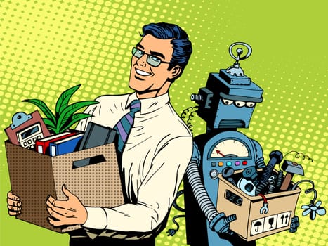 Man beats robot business concept knowledge and technology pop art retro style. Gadgets and skills