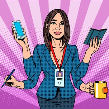 Businesswoman works hard pop art retro style. Business success time management