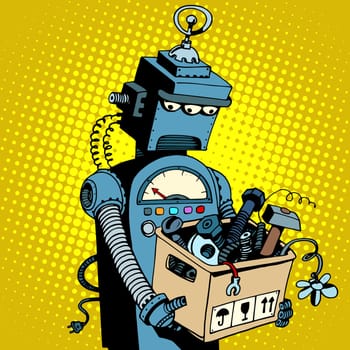 Sad retro robot leaves work pop art retro style. New technology outdated technology