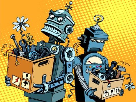 Competition of gadgets and new technologies pop art retro style. Evil robot comes to work. Sad robot retires