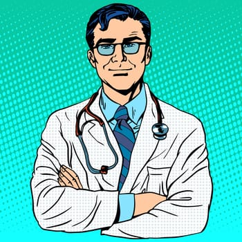 Doctor therapist medicine and health. Profession white coat stethoscope pop art retro style