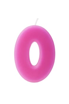 Pink birthday candle in the form of the number zero on white background