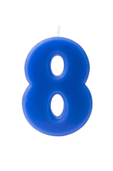 Blue birthday candle in the form of the number eight on white background
