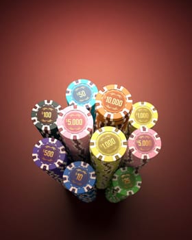 Colorful chips on a red table. Depth of field with focus on the first tokens (10000, 5000 and 1000). Clipping path included.