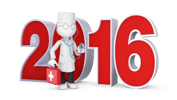 doctor with stethoscope holding a red suitcase on a background the inscription 2016