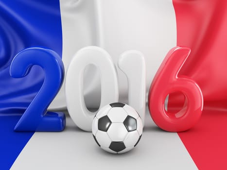 Ball for football and volumetric figures in 2016 on the background the flag of France
