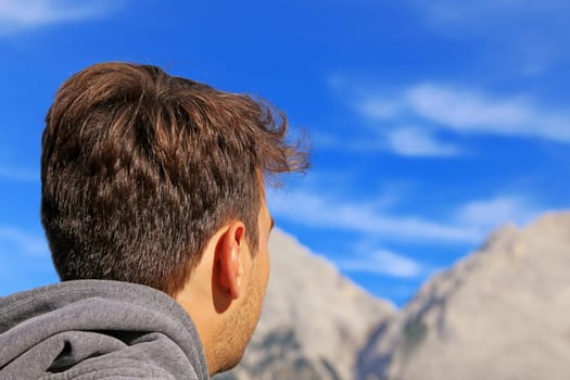 View into the blue sky and the mountains