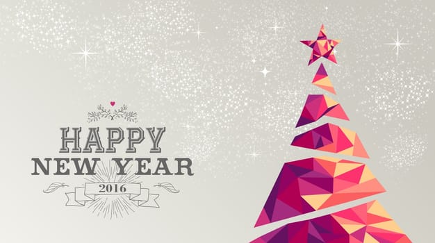 Happy new year 2016 holiday decoration greeting card or poster design with colorful triangle christmas pine tree and vintage label illustration. EPS10 vector.