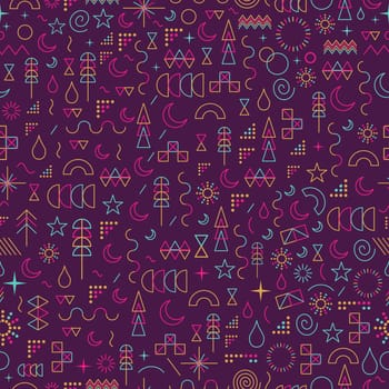 Seamless pattern in line art style with colorful geometry elements. EPS10 vector.