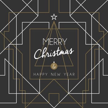 Merry christmas and happy new year holiday greeting card. Geometry lines, art deco style with vintage xmas pine tree. EPS10 vector.
