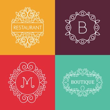 Ornament monogram style mono line floral letter frame set. EPS10 vector.