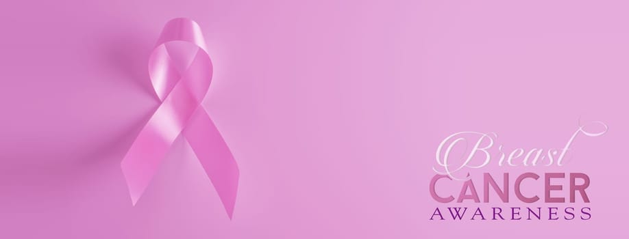 Breast cancer awareness ribbon with text over pink background. Ideal for social media cover or web landing page charity campaign.