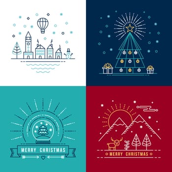 Merry christmas outline label set with winter city, xmas tree, snow globe, and reindeer elements. Ideal for holiday invitation or greeting card. EPS10 vector.