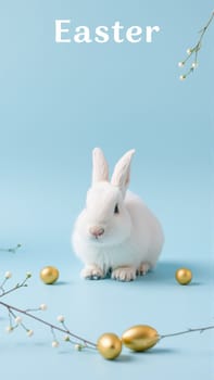 White fluffy rabbit sits on blue isolated background among traditional eggs symbolizing the holiday. High quality photo