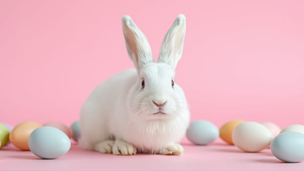 White fluffy rabbit sits on pink isolated background among colorful eggs. High quality photo