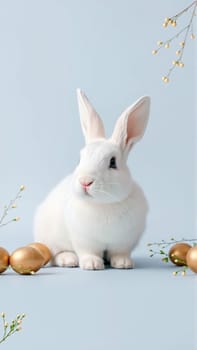 White fluffy rabbit sits on blue isolated background among traditional eggs symbolizing the holiday. High quality photo