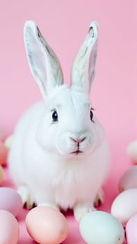 White fluffy rabbit sits on pink isolated background among colorful eggs. High quality photo