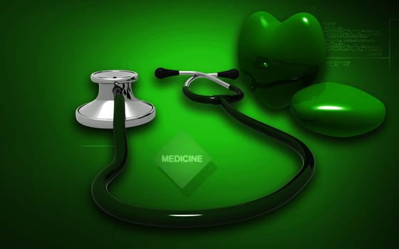 Digital illustration of stethoscope and heart in colour background