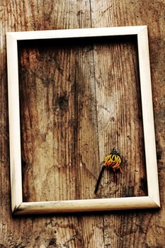 Ancient Art - A picture frame on an old wooden board with dried flower